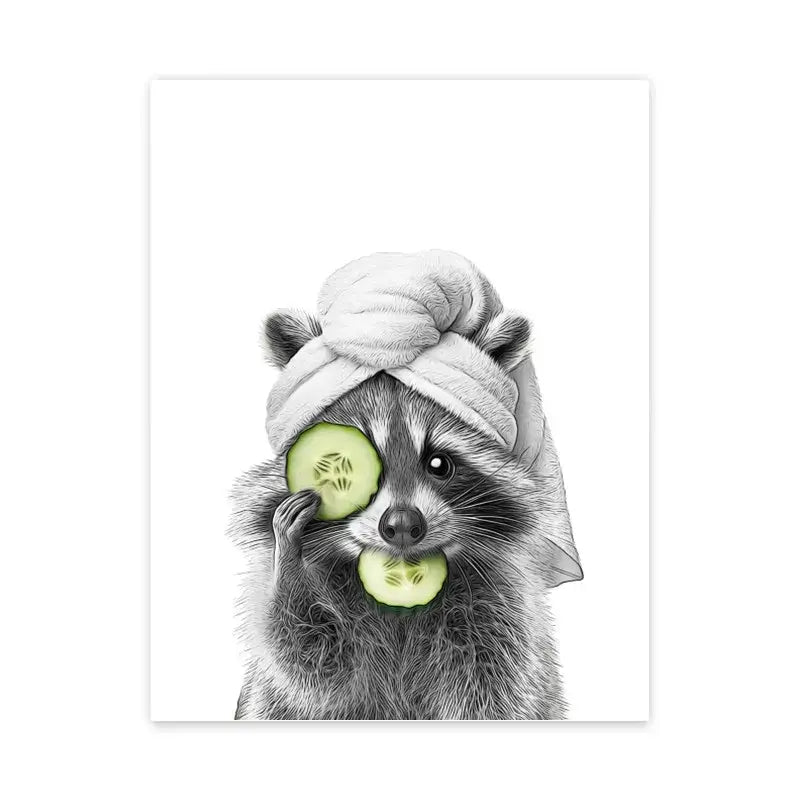 Black-and-white animal bathroom canvas wall art showing a raccoon with a towel and cucumber slices on eyes