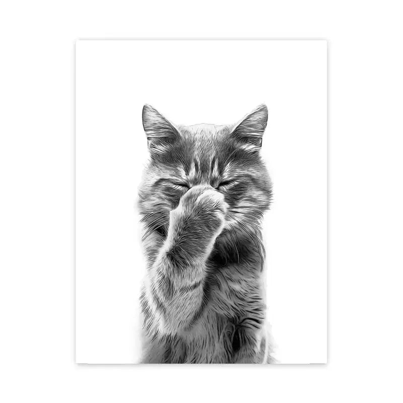 Black-and-white illustrated wall art featuring a fluffy tabby cat with paw covering one eye for funny animal bathroom decor