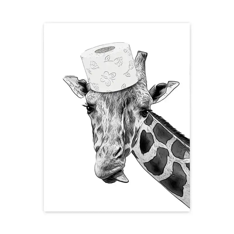Decorbites™ funny animal bathroom wall art of a black and white giraffe wearing floral-patterned toilet paper hat