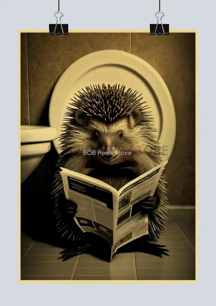 A sepia-toned decorbites funny animal bathroom poster featuring a cartoon hedgehog reading in home decor setting
