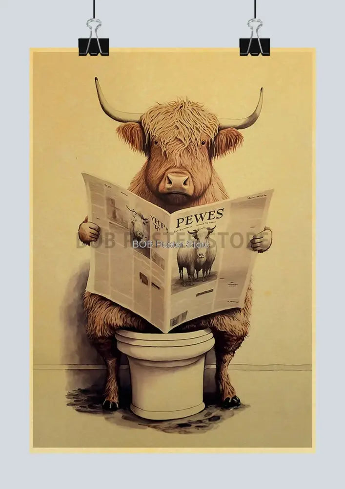 A sepia-toned decorbites funny animal bathroom poster of a highland cow reading a newspaper for home decor