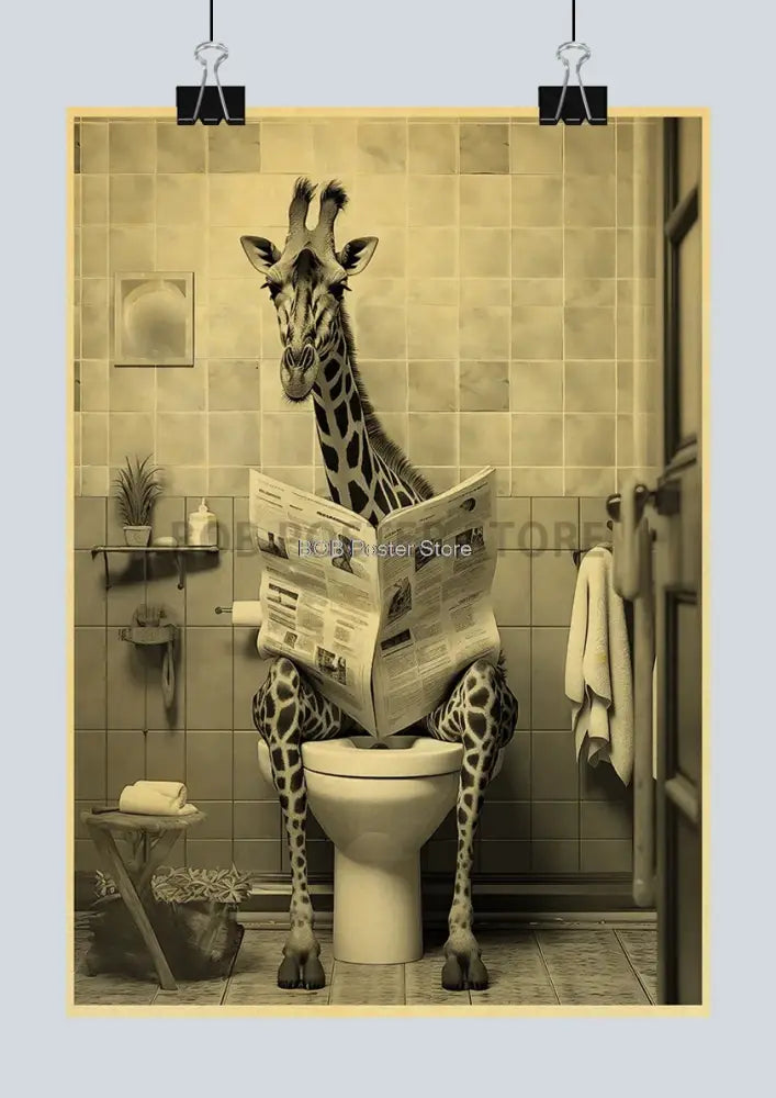 A sepia-toned animal bathroom poster by decorbites showing a giraffe sitting on a toilet reading newspaper for home decor