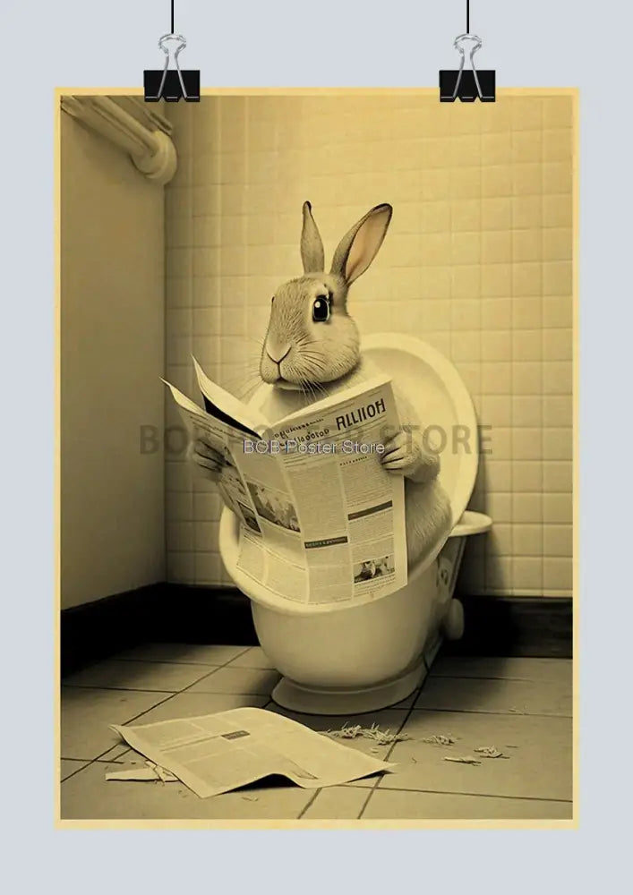 A sepia-toned funny animal bathroom poster by DecorBites featuring a cartoon rabbit reading a newspaper for home decor
