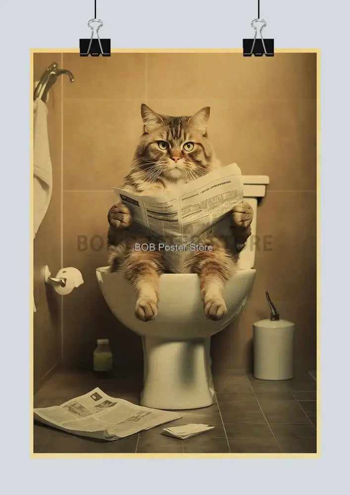 A sepia-toned DecorBites™ funny animal bathroom poster featuring a tabby cat reading newspaper on toilet for home decor