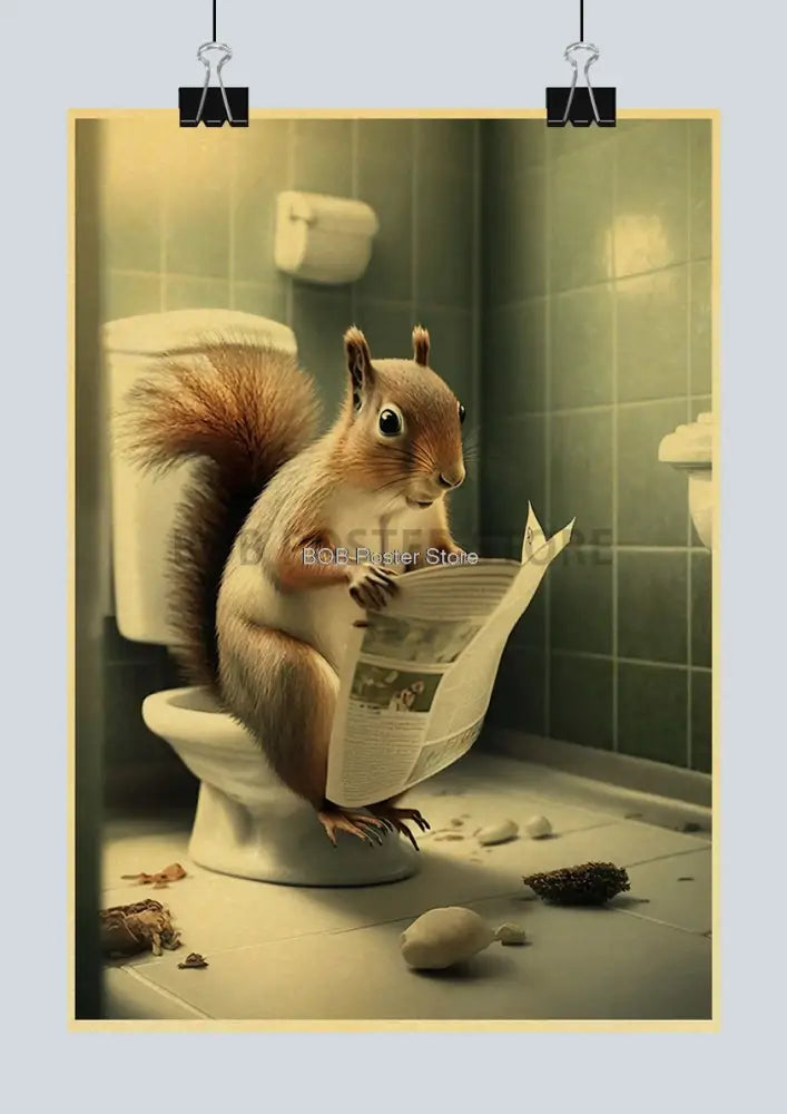 Decorbites™ funny animal bathroom poster featuring a red squirrel reading a newspaper on a white toilet for home decor