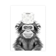 Black-and-white illustrated bathroom poster featuring a baby chimpanzee balancing floral toilet paper on its head for funny animal bathroom wall art