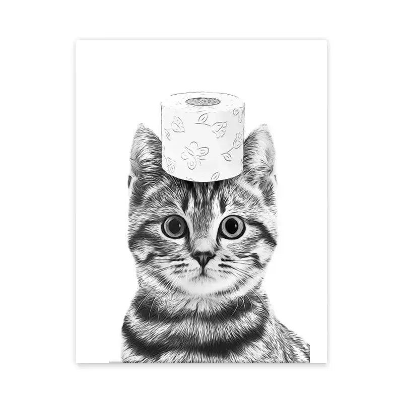 Black-and-white illustrated bathroom poster print of a tabby kitten with toilet paper on its head wall art by DecorBites