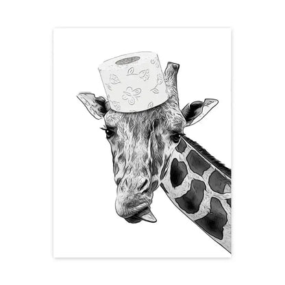 Black and white illustrated giraffe wearing a floral toilet paper roll hat bathroom poster print wall art by decorbites