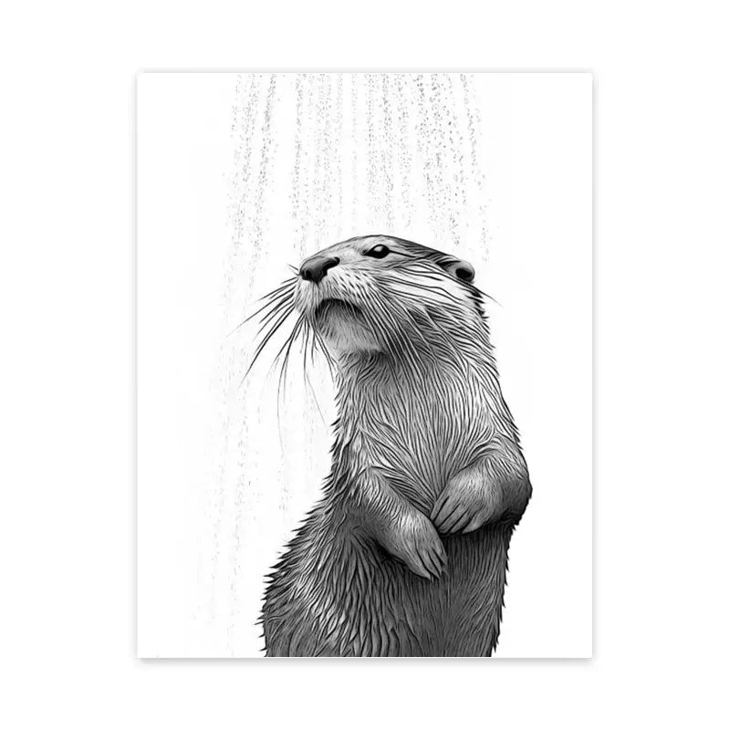 A detailed black and white otter illustration on a DecorBites™ funny animal bathroom poster wall art canvas