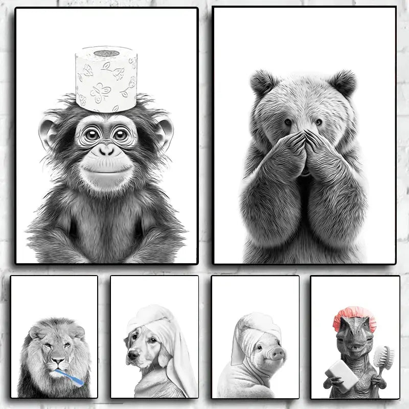 Set of six black-and-white framed funny animal bathroom posters featuring whimsical animal bathroom poster designs