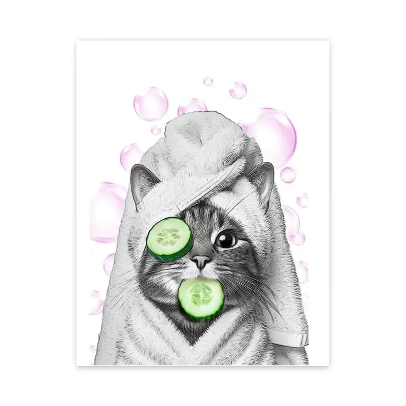 Decorbites™ funny animal bathroom wall art canvas featuring a black-and-white cat wrapped in a towel with cucumber slices