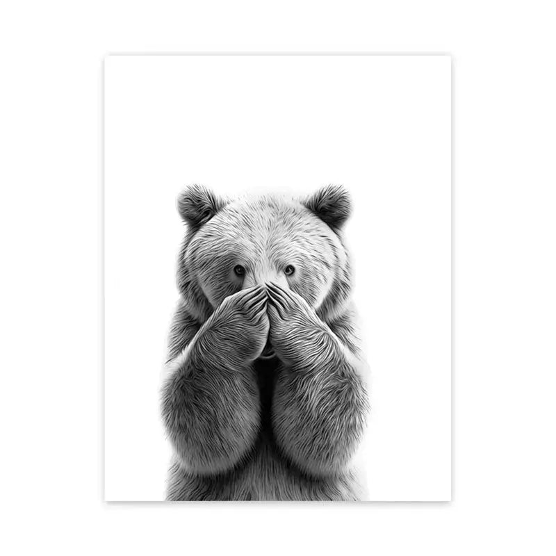 DecorBites funny animal bathroom wall art print featuring a black and white bear with paws covering its mouth