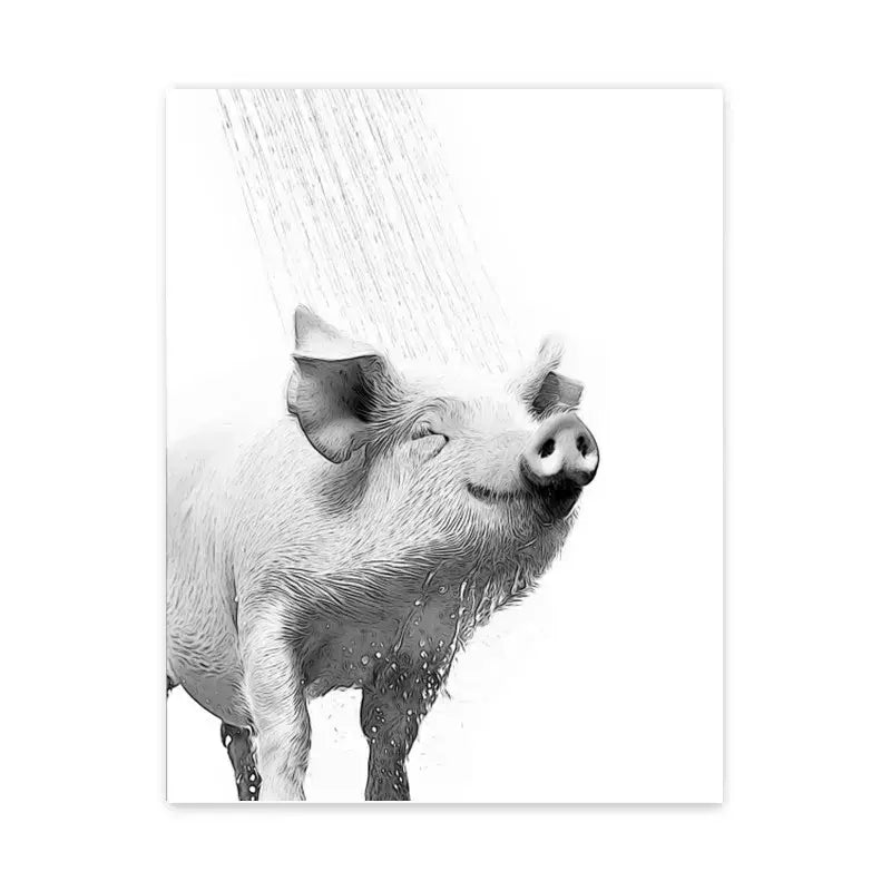Black-and-white illustrated decorbites wall art print of a pig enjoying a shower for bathroom decor with animals cat giraffe dog