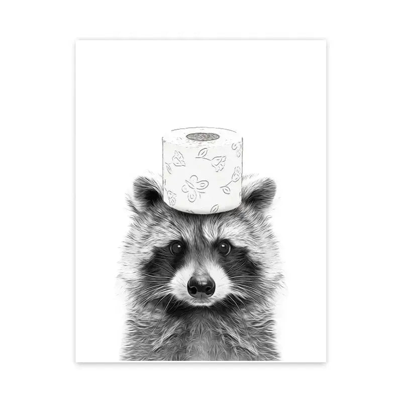 Decorbites™ funny animal bathroom wall art print of black-and-white illustrated raccoon with toilet paper on head