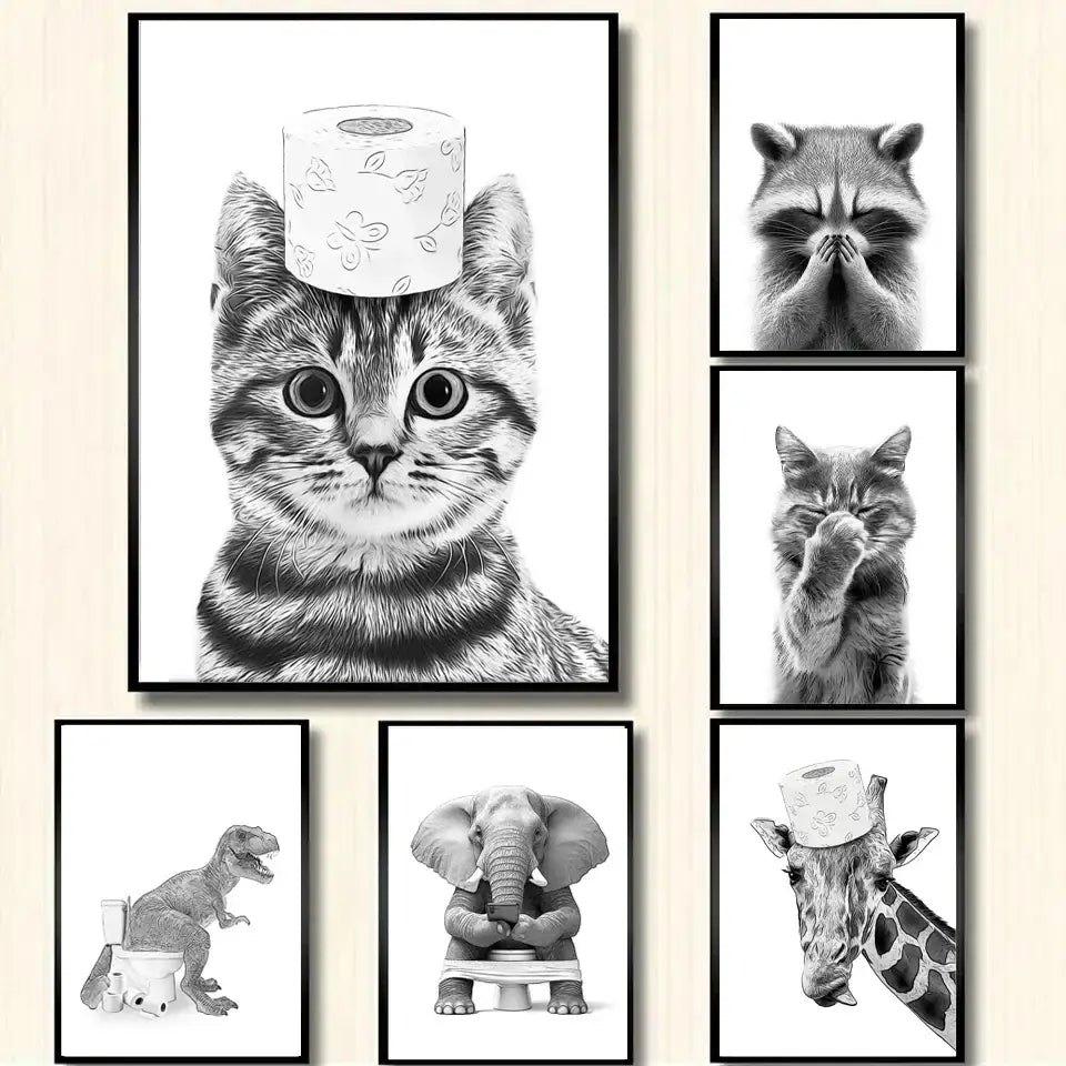 Black-and-white framed wall art featuring a tabby cat with toilet paper roll for DecorBites™ bathroom decor