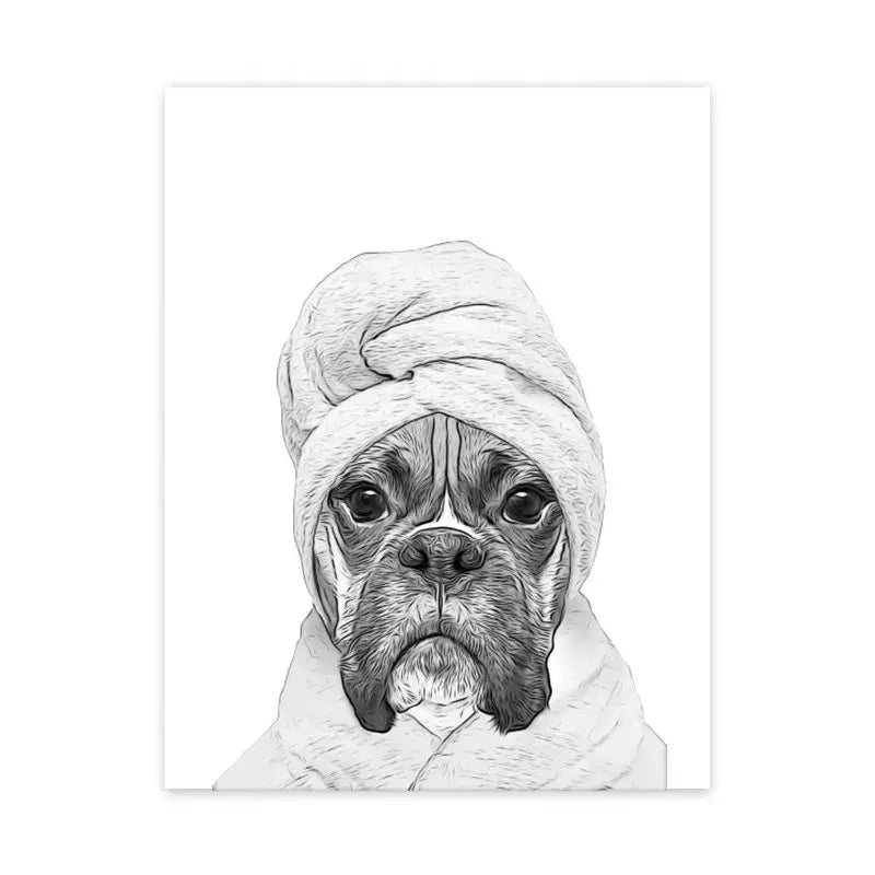 Black-and-white illustrated wall art print of a boxer dog wrapped in a towel from decorbites funny animal series