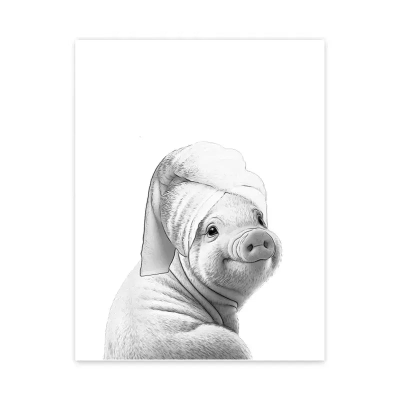 Decorbites™ funny animal bathroom wall art print of a black and white pig illustration with towel on head for wall art