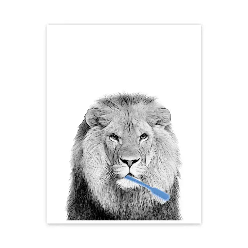 DecorBites™ black and white wall art print featuring a lion with a blue toothbrush for bathroom decor
