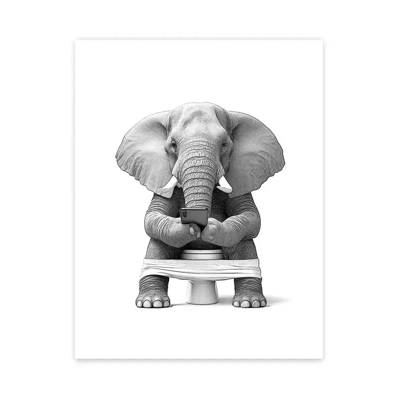 DecorBites™ detailed black-and-white wall art print of elephant on toilet holding smartphone for funny animal bathroom decor