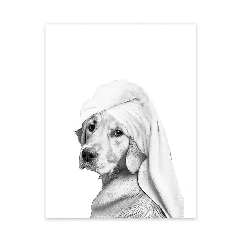 A detailed black and white pencil sketch of a golden retriever puppy wrapped in a towel wall art for funny animal bathroom decor