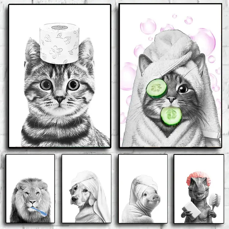 Set of six black-and-white illustrated funny animal bathroom wall art prints featuring cats lion dogs pigs and dinosaurs