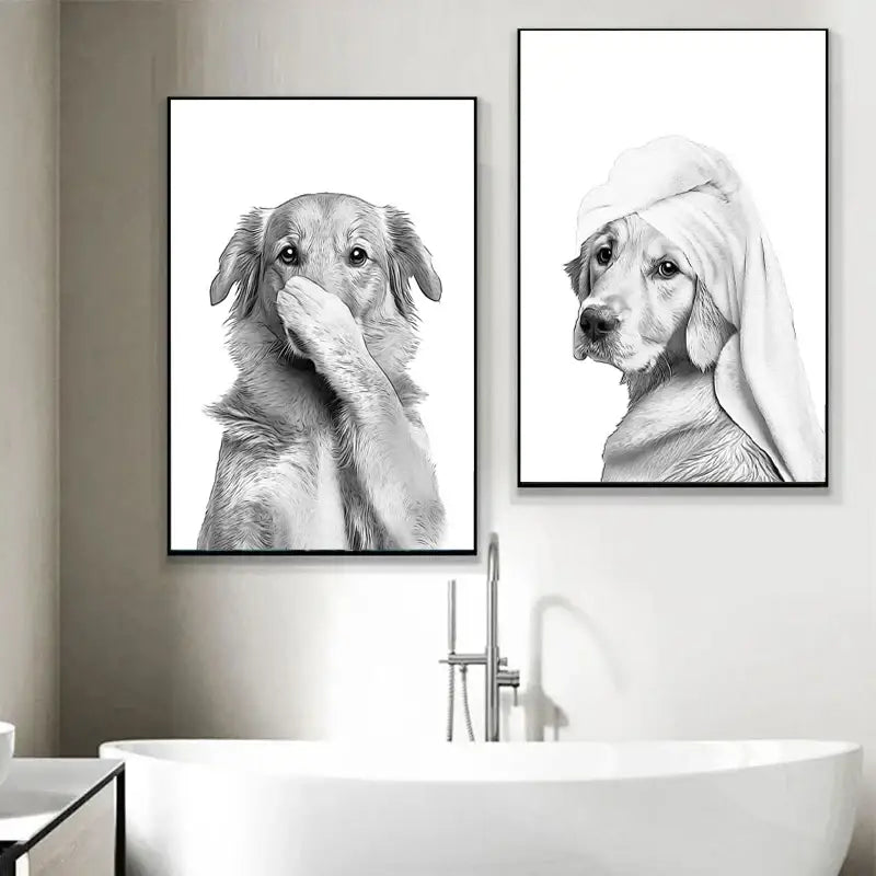Two black and white framed dog portraits hang as wall art above a white bathtub in decorbites™ funny animal bathroom print