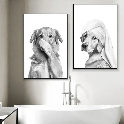 Two black and white dog portraits in decorbites funny animal bathroom wall art print above a white bathtub