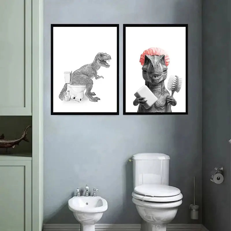 Decorbites™ funny animal bathroom wall art print featuring two framed black-and-white dinosaur illustrations with a pink shower cap and brush