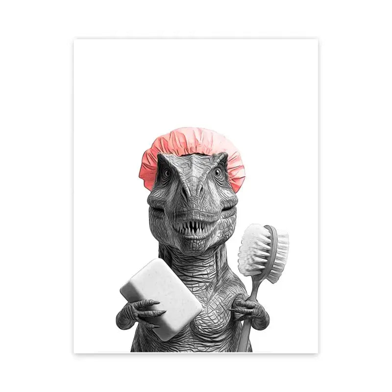 DecorBites™ funny animal bathroom wall art print featuring a black and white t-rex with a pink shower cap