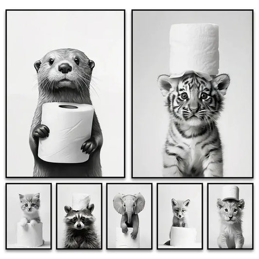 Black and white framed wall art featuring funny animals like otter tiger cub and kitten with toilet paper for bathroom home