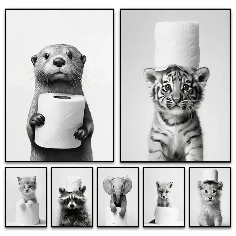 Black and white framed wall art featuring funny animals like otter tiger cub and kitten with toilet paper for bathroom home