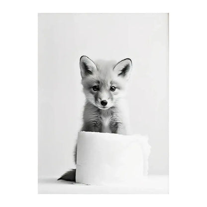 Black and white canvas wall art of a young fox peeking over toilet paper for bathroom home funny animals decor