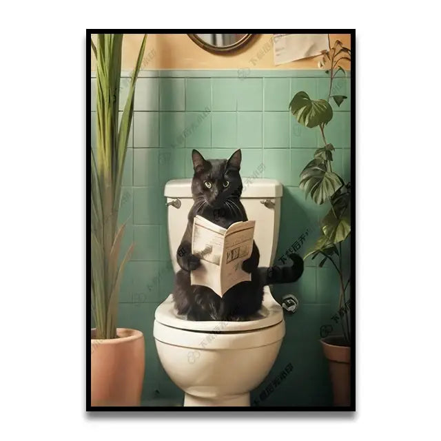 Decorbites™ funny bathroom cat canvas wall art featuring a black cat on a white toilet holding a newspaper wall art