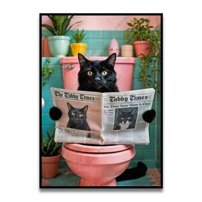 Decorbites™ funny bathroom cat canvas wall art featuring a black cat with yellow eyes reading a newspaper on a pink toilet
