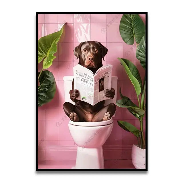 Decorbites™ funny bathroom cat canvas wall art featuring a chocolate labrador on toilet holding newspaper wall art