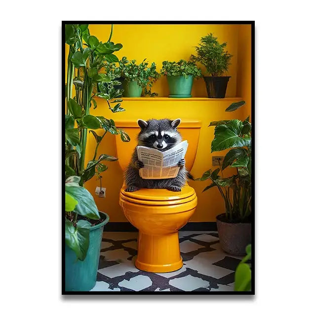 Whimsical DecorBites™ canvas wall art of a raccoon on an orange toilet reading a newspaper for bathroom decor