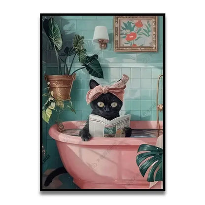 Decorbites™ funny bathroom cat reading canvas wall art featuring a black cat with a pink bow in a pink tub