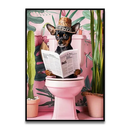 DecorBites™ funny cat bathroom canvas wall art featuring a black and tan chihuahua with straw hat on pink toilet
