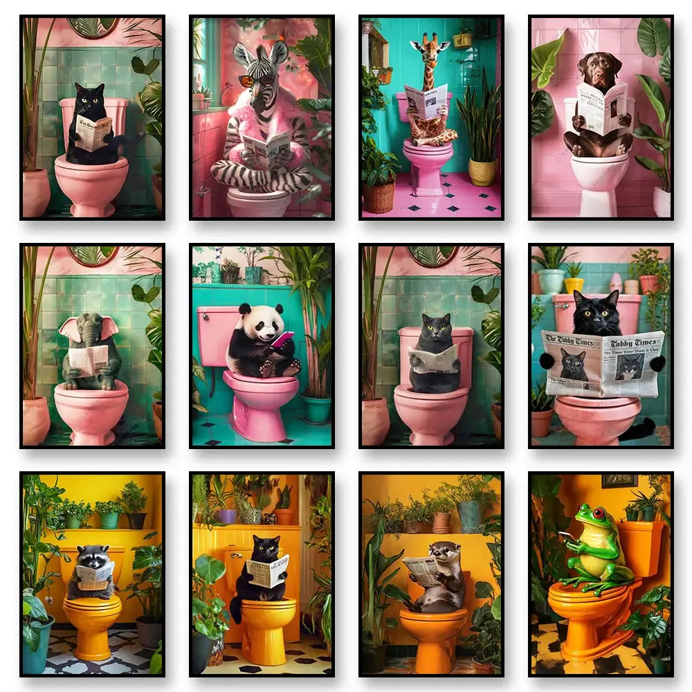 Decorbites™ funny cat bathroom canvas wall art featuring vibrant whimsical animal prints on colorful canvas wall panels