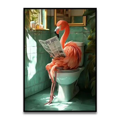 Decorbites™ funny cat bathroom canvas wall art featuring a vibrant pink flamingo perched on a toilet reading newspaper