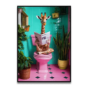 DecorBites™ funny cat canvas wall art featuring a giraffe on a pink toilet in a turquoise bathroom setting