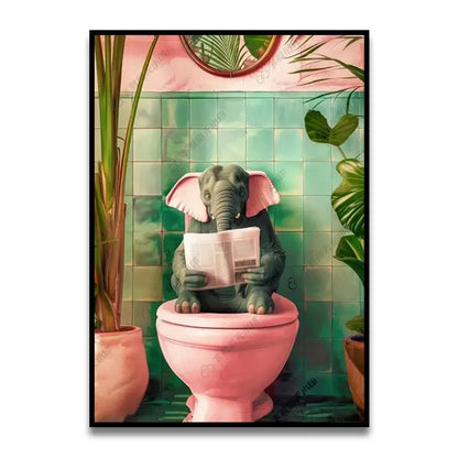 Decorbites™ funny cat bathroom canvas wall art features a whimsical gray elephant on a pink toilet in green tiled bathroom
