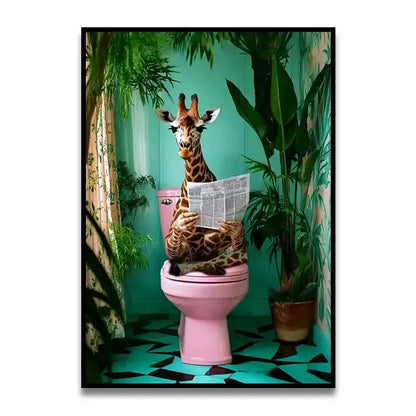 Decorbites™ funny cat bathroom canvas wall art featuring whimsical giraffe on pink toilet in teal bathroom with green plants