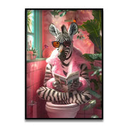 Decorbites™ funny cat bathroom canvas wall art featuring a zebra in a pink coat and sunglasses in a vibrant bathroom
