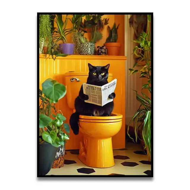 DecorBites™ funny cat bathroom wall art features a black cat with green eyes on orange toilet canvas wall art
