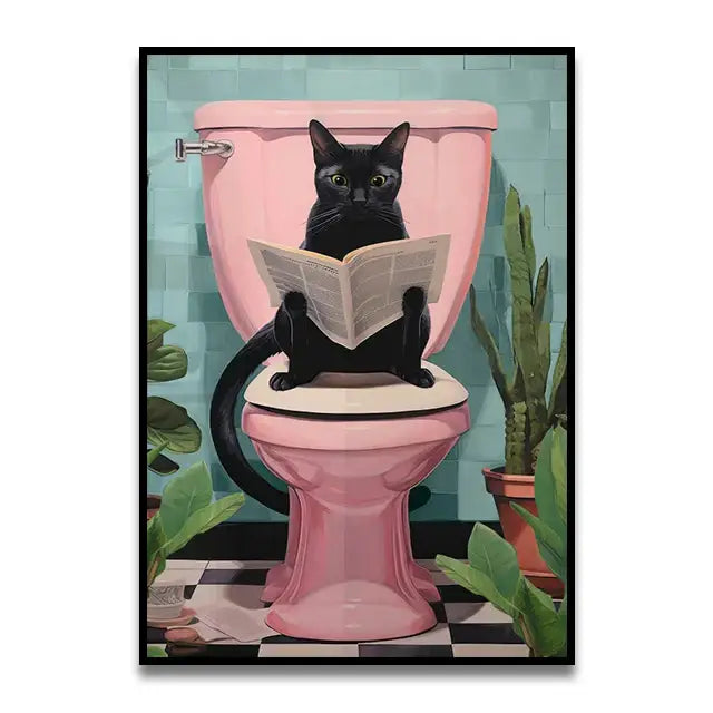 DecorBites™ funny cat bathroom wall art features a black cat with green eyes on a pink toilet canvas wall art