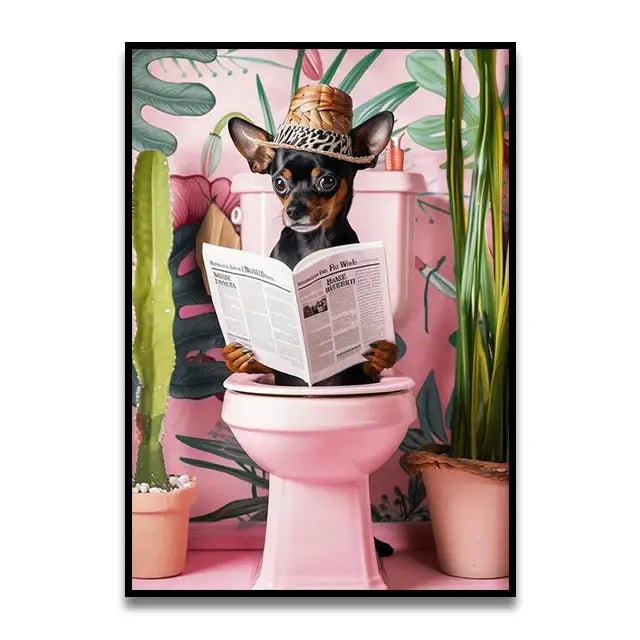 Decorbites™ funny cat bathroom wall art featuring a black and tan chihuahua wearing a straw hat reading newspaper
