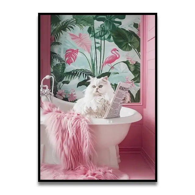 Decorbites™ funny cat bathroom wall art features a fluffy white cat in a pink tub holding a newspaper on canvas wall art