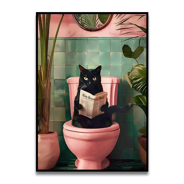 Framed DecorBites™ funny cat bathroom wall art featuring a black cat reading a newspaper on a pink toilet