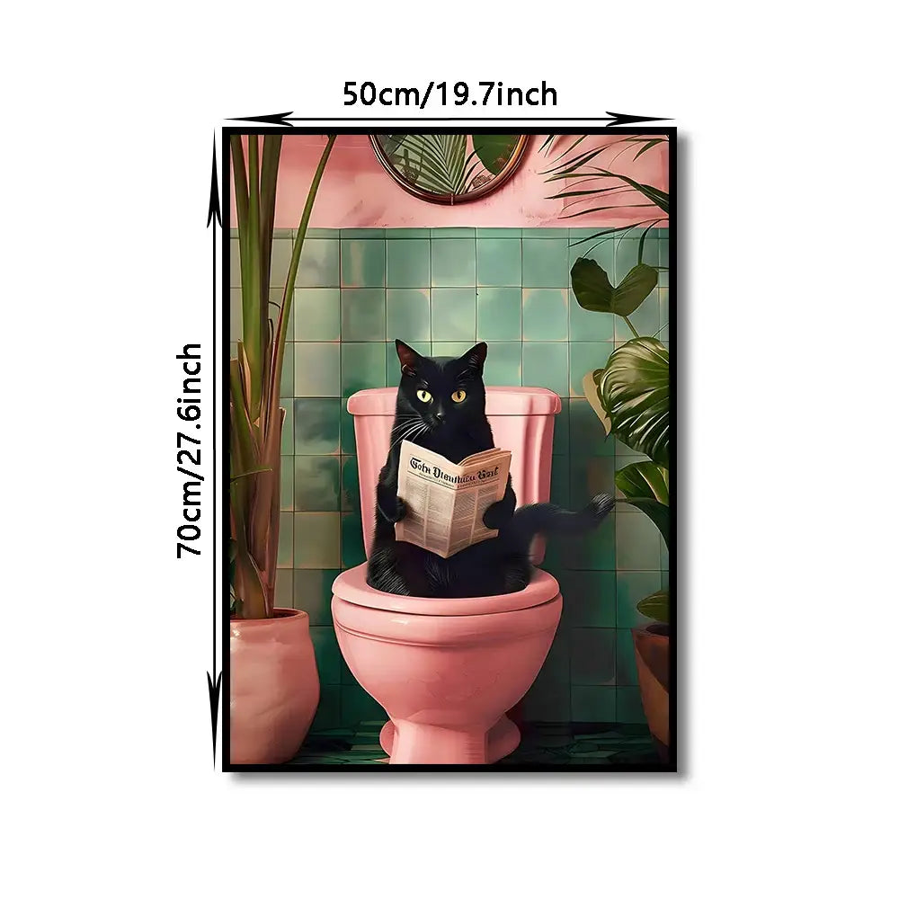 Decorbites™ funny cat bathroom wall art featuring a canvas wall art of black cat on pink toilet reading newspaper